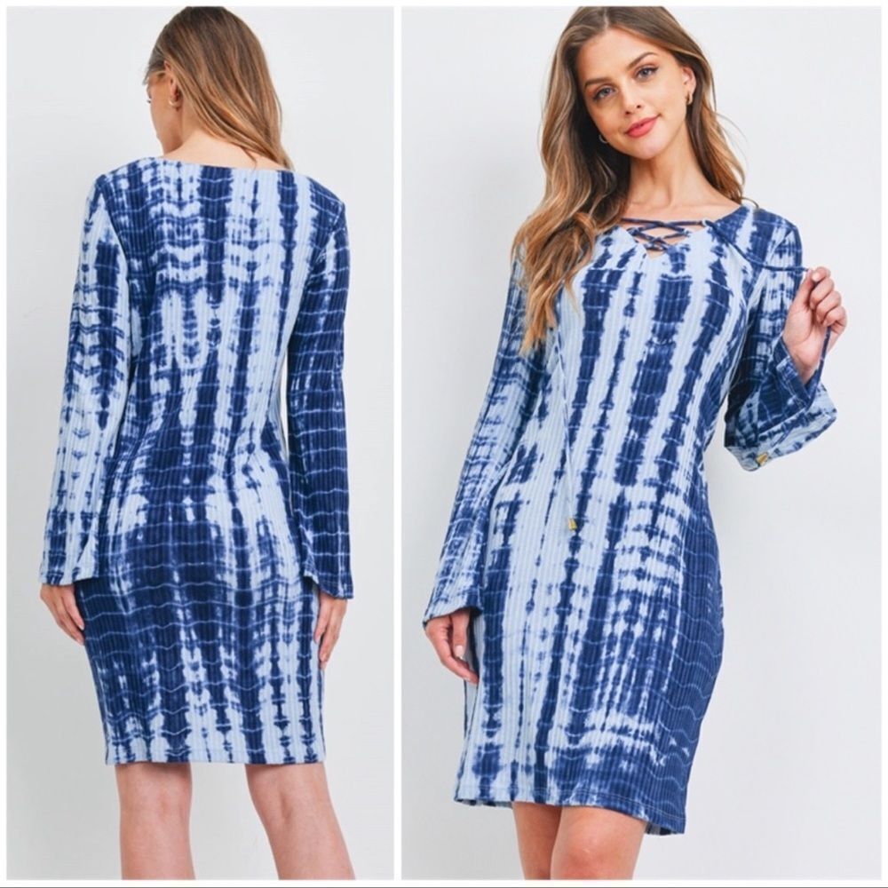 Butterfly Dsigns Navy Blue Tie Dye Lace Up Dress